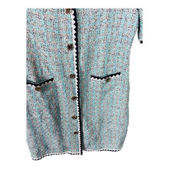 NWT LifeShe Tweed Jackie Button Up V Neck Short Sleeve Mini Dress Blue Lined L - Picture 5 of 14